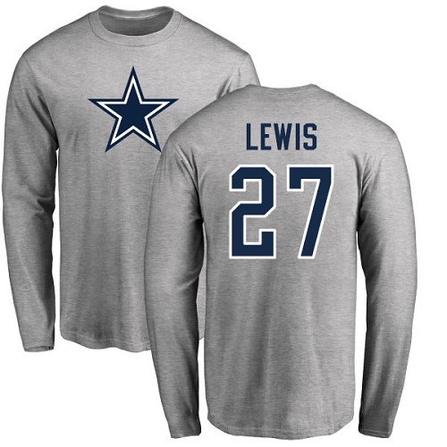 Men Dallas Cowboys Ash Jourdan Lewis Name and Number Logo #27 Long Sleeve Nike NFL T Shirt->nfl t-shirts->Sports Accessory